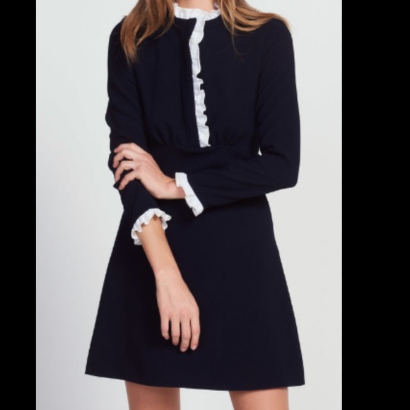 Sandro Natalia Ruffle Trim Dress in Navy - Picture 1 of 8